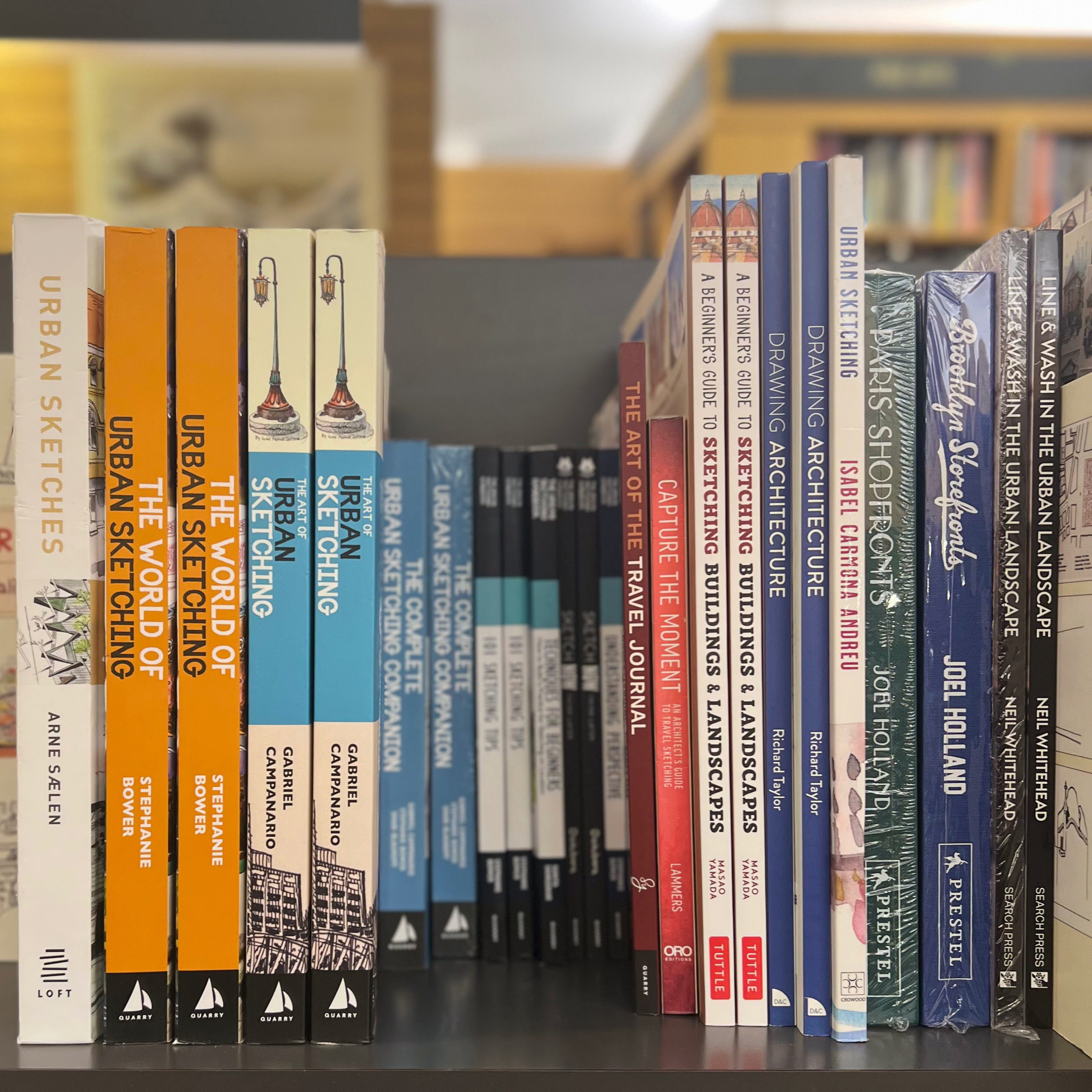 A collection of books about plein air painting, suggesting a place of learning.